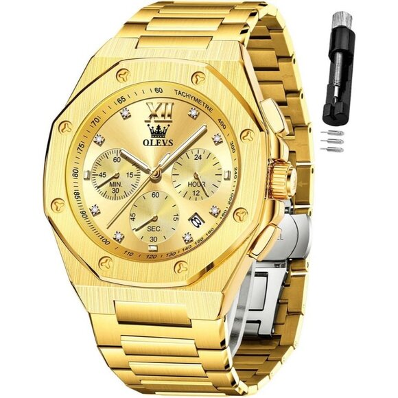 Olevs Other - Olevs Men's Gold Stainless Steel Analog Luminous Waterproof Easy Wear Watch